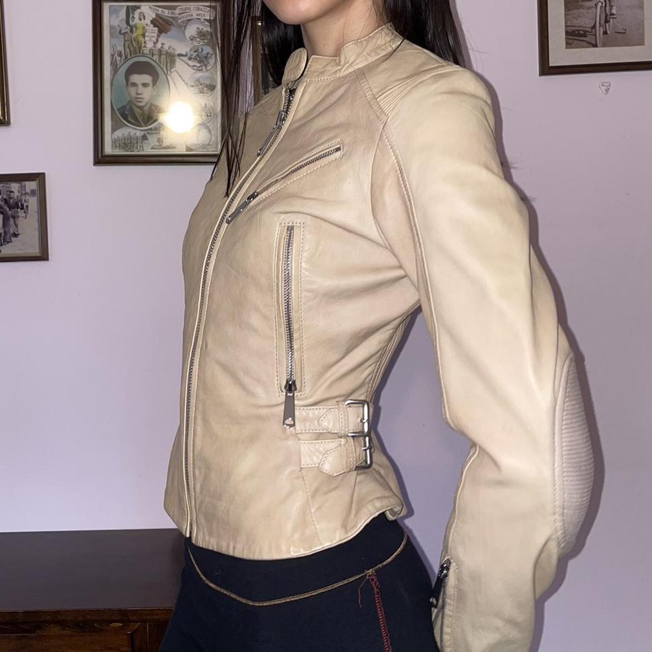 2000s Diesel cream leather biker jacket with buckle. Depop