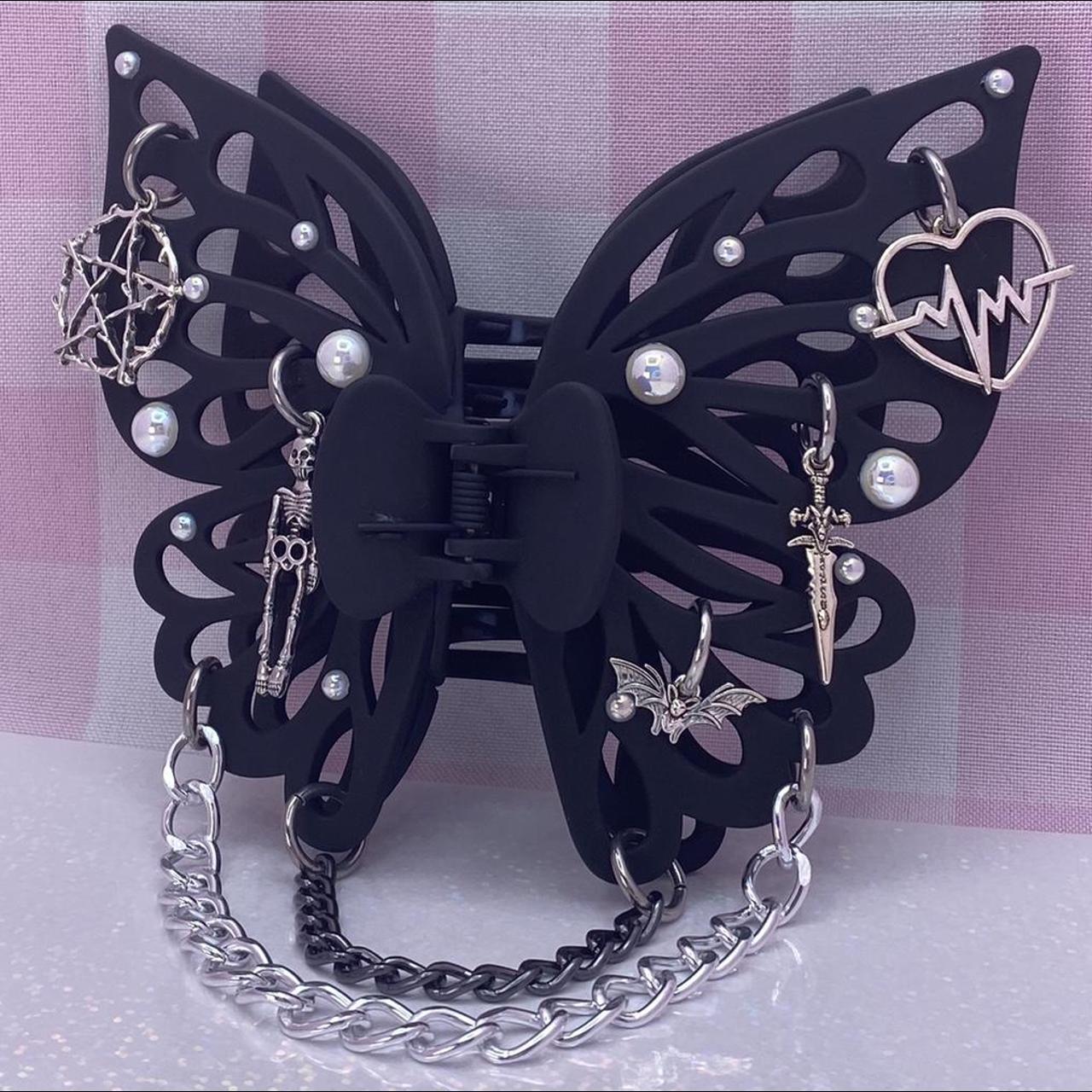 Gothic Alt Chained Butterfly Hair Clip ♡ Black matte | Depop