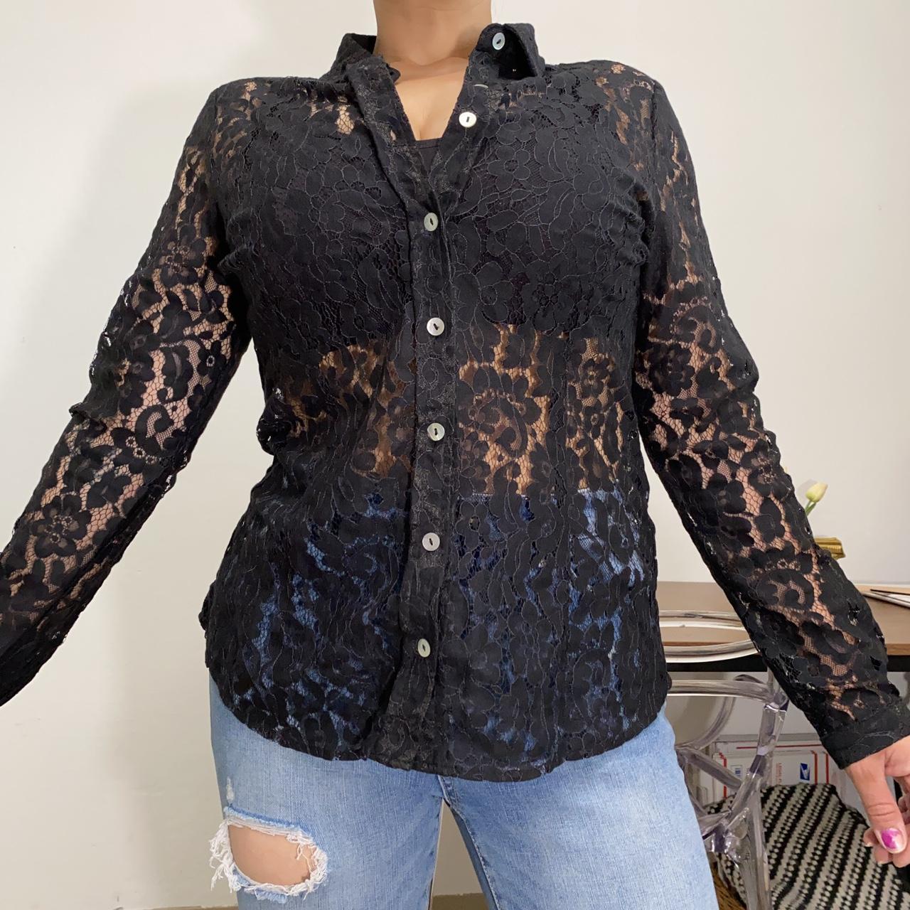 BCBGMaxazria Women s M Black Lace Sheer Button Down