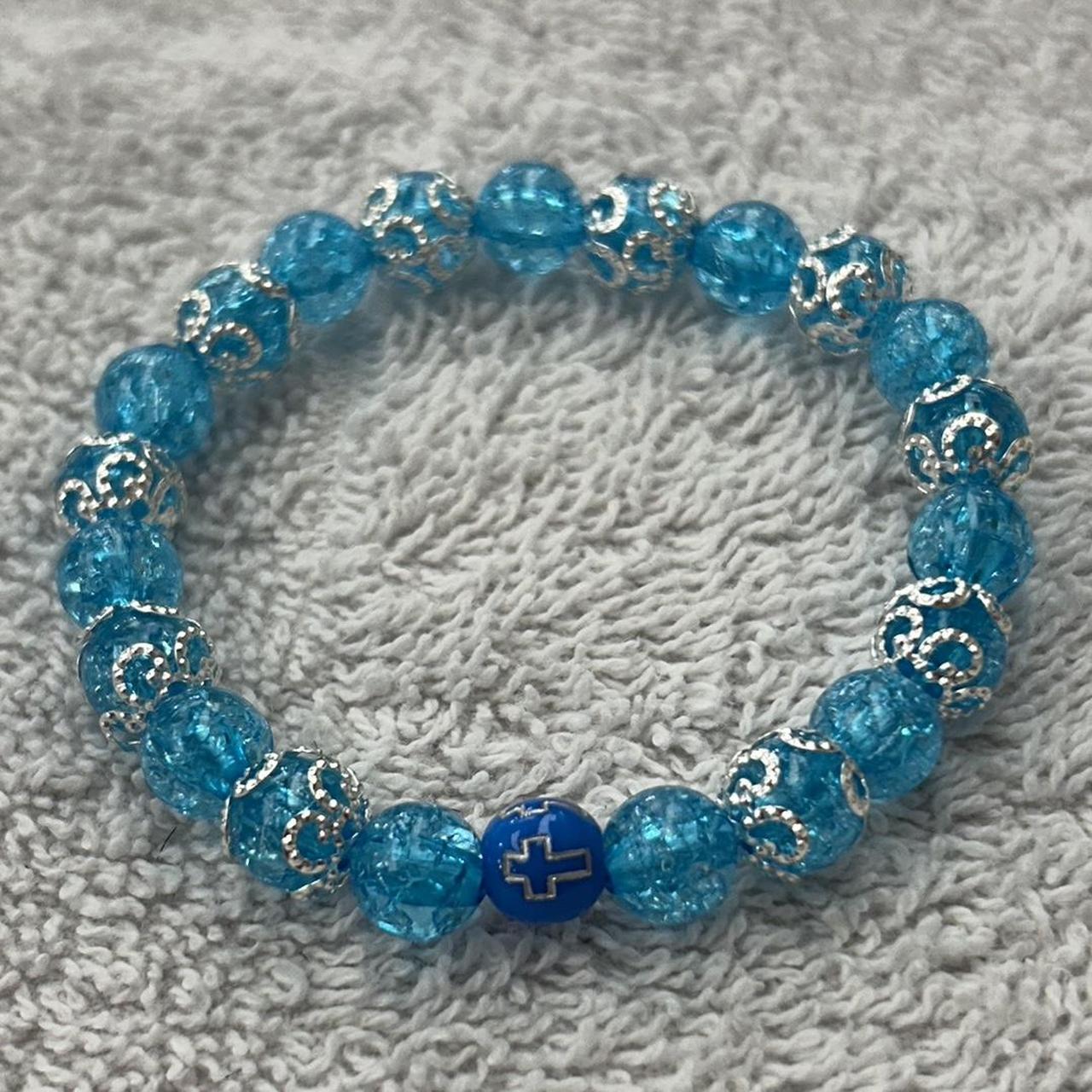 aqua beaded bracelet with cross #blue #cross... - Depop