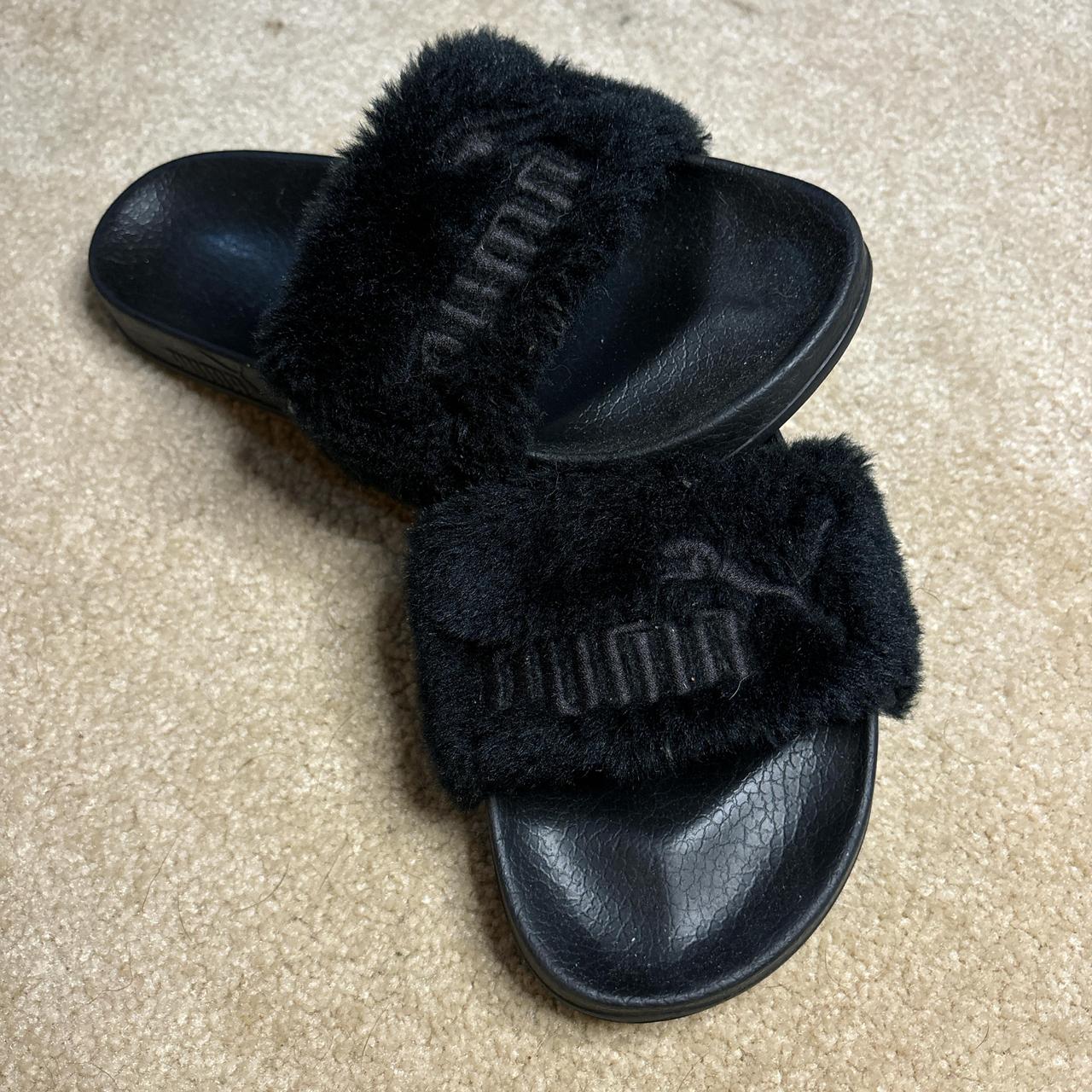 Black rihanna fur slides best sale