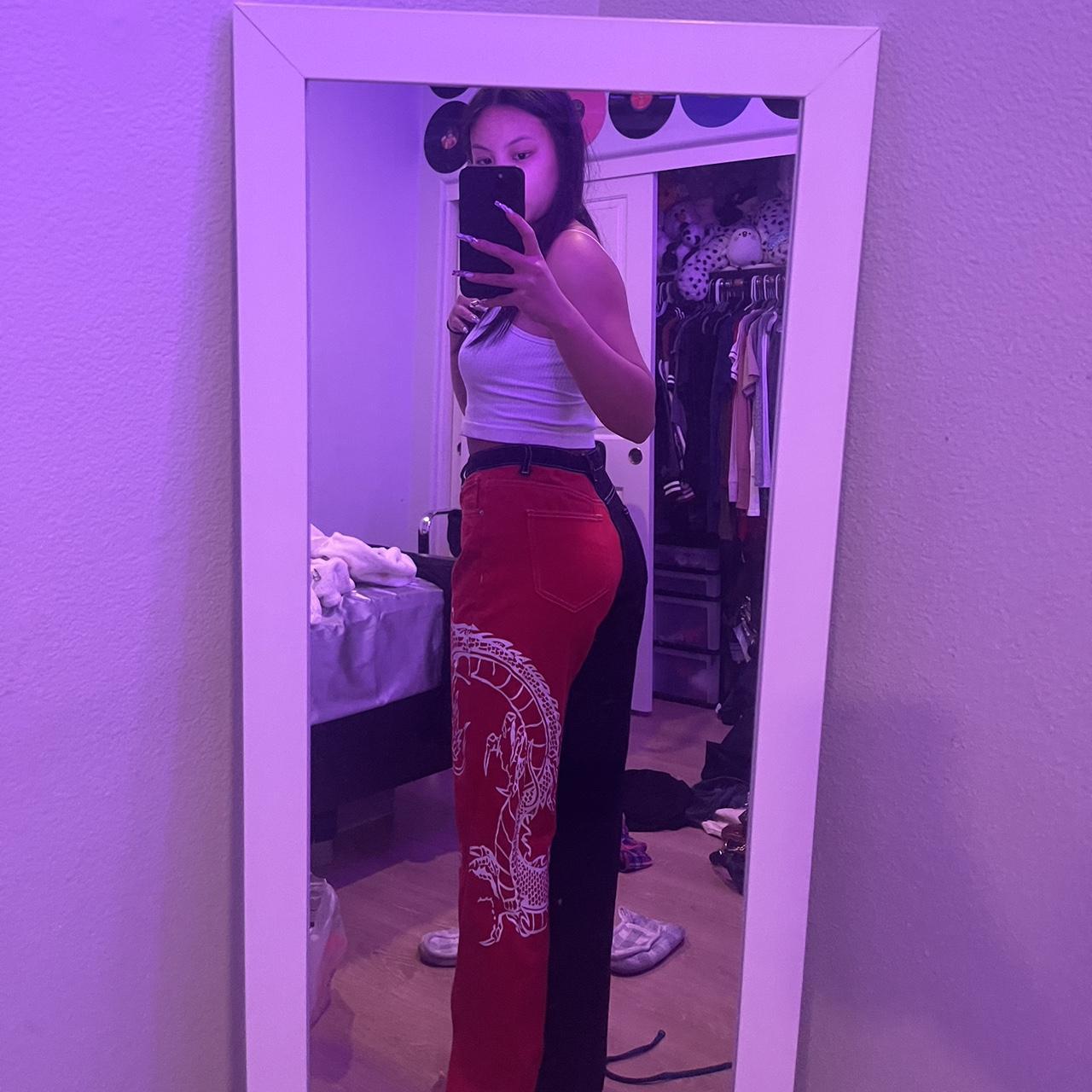 Dragon Jeans Half Red Half Black With White Dragon Depop dragon-jeans-half-red-half-black-with-white-dragon-depop