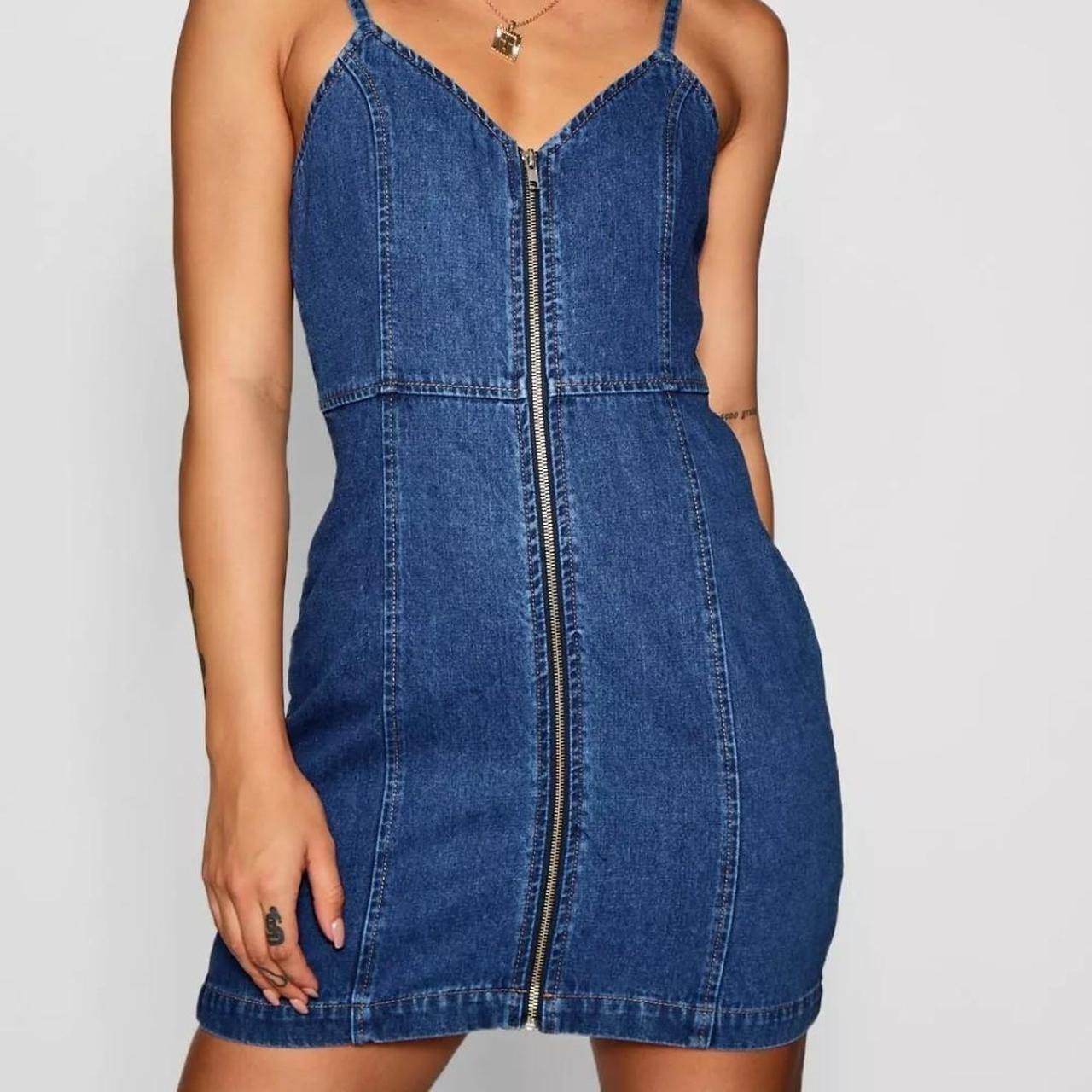 Boohoo Denim Zip Through Denim Dress Long Sleeve Denim Frock Top