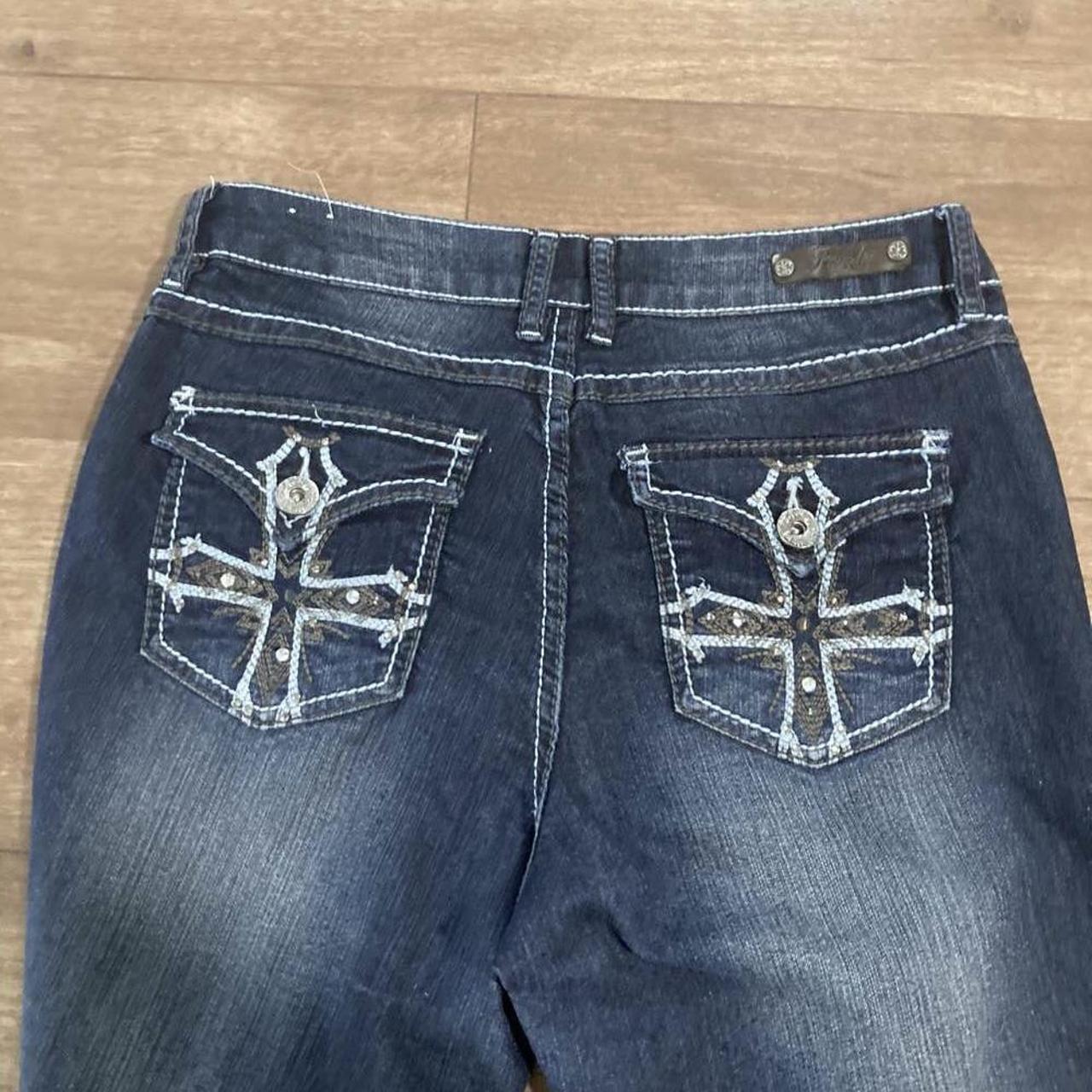 flared low rise jeans with crosses pockets... - Depop