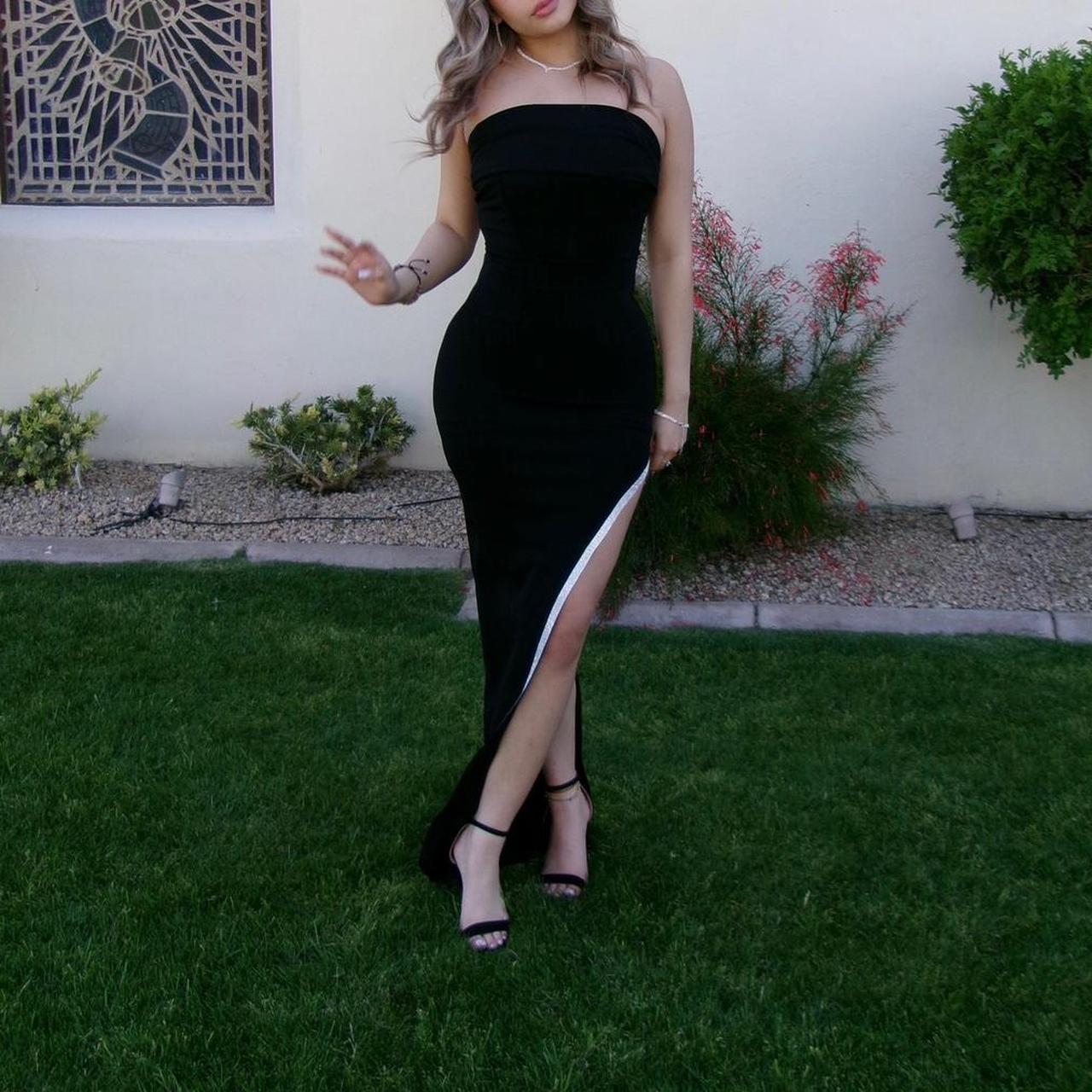 BODYCON BLACK PROM DRESS WITH SPARKLING SLIT worn