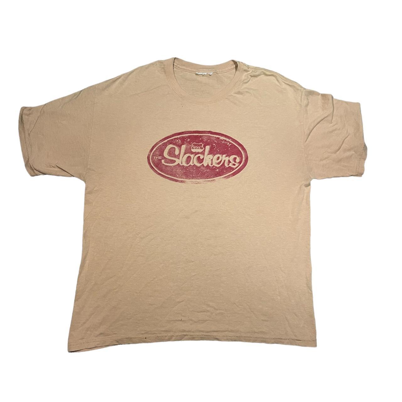 tan and red graphic tee