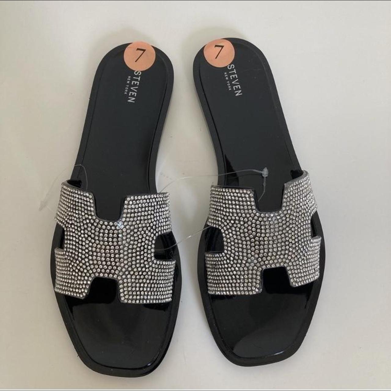 Steven New York Women's Black and Silver Sandals | Depop