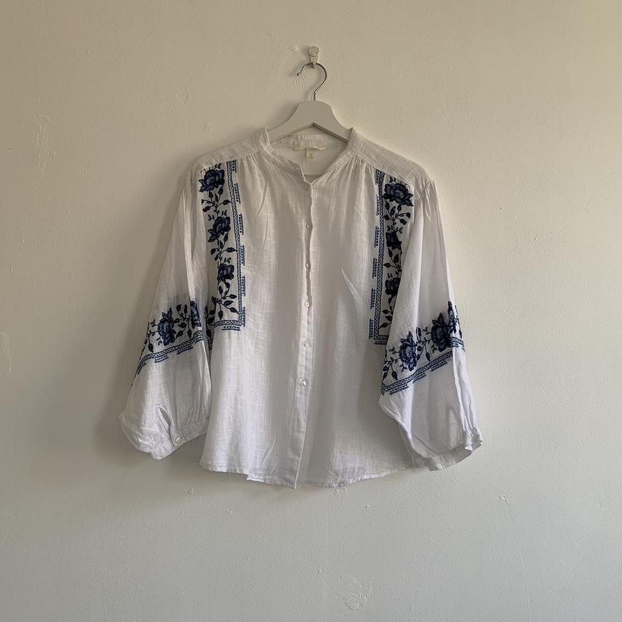 H&M white blouse with a beautiful blue embroidery!... - Depop