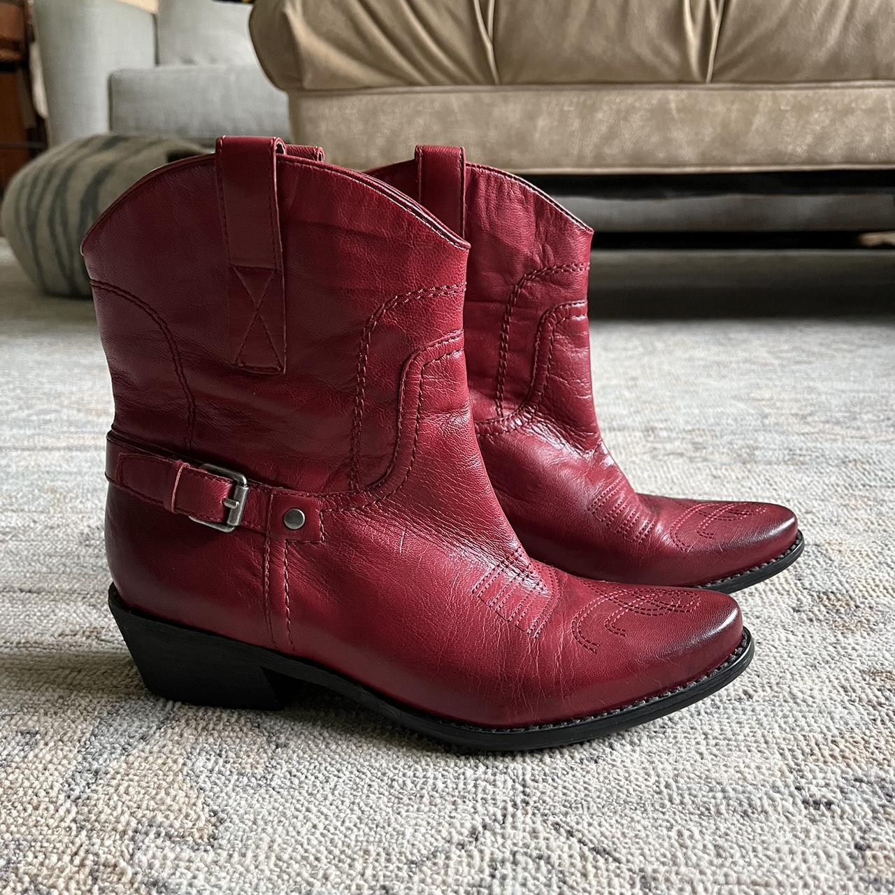 short cherry red womens cowboy boots real leather. Depop