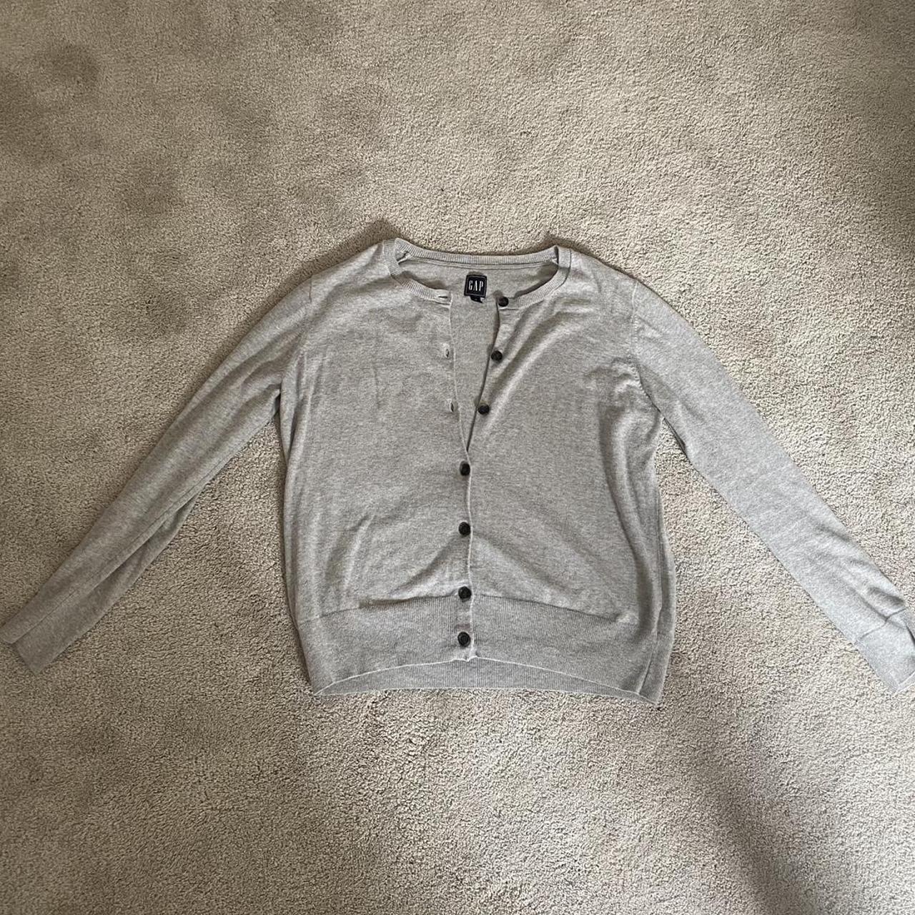 size medium grey button up gap cardigan worn once or... Depop