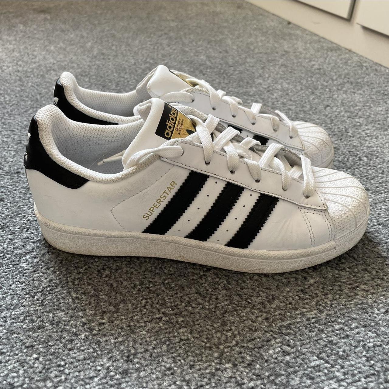 Adidas Superstar white & blue trainers Size 3 1/2... - Depop