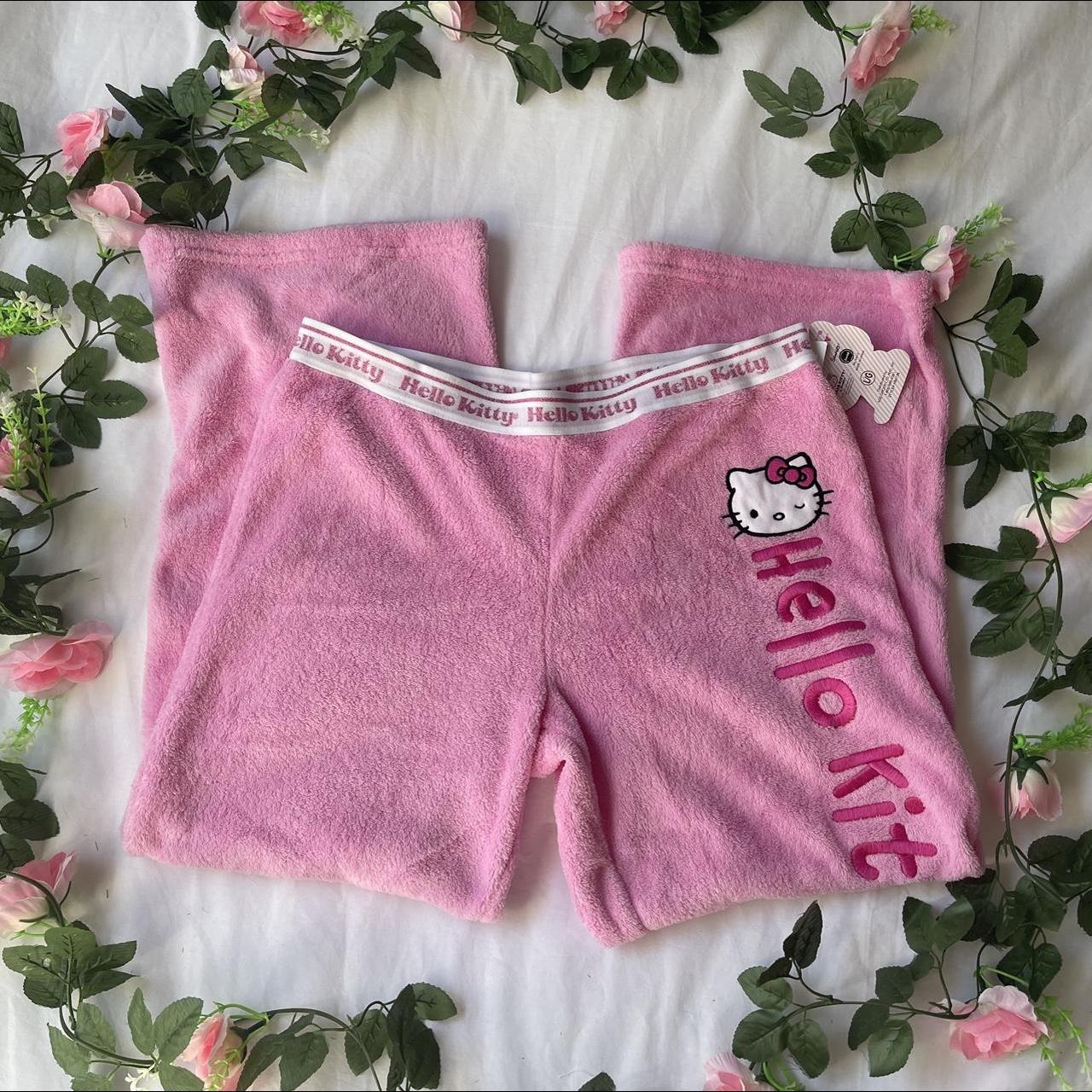 y2k 2000s pink hello kitty embroidered fleece pajama... - Depop