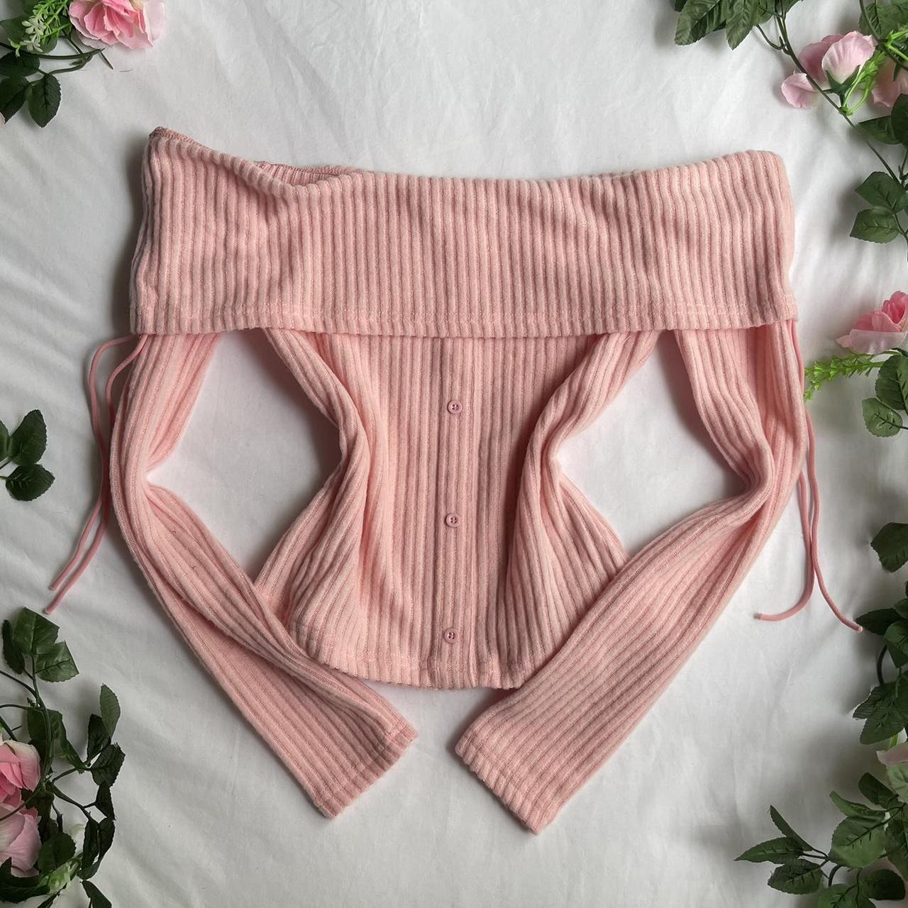 baby pink off the shoulder button up long sleeve top... - Depop