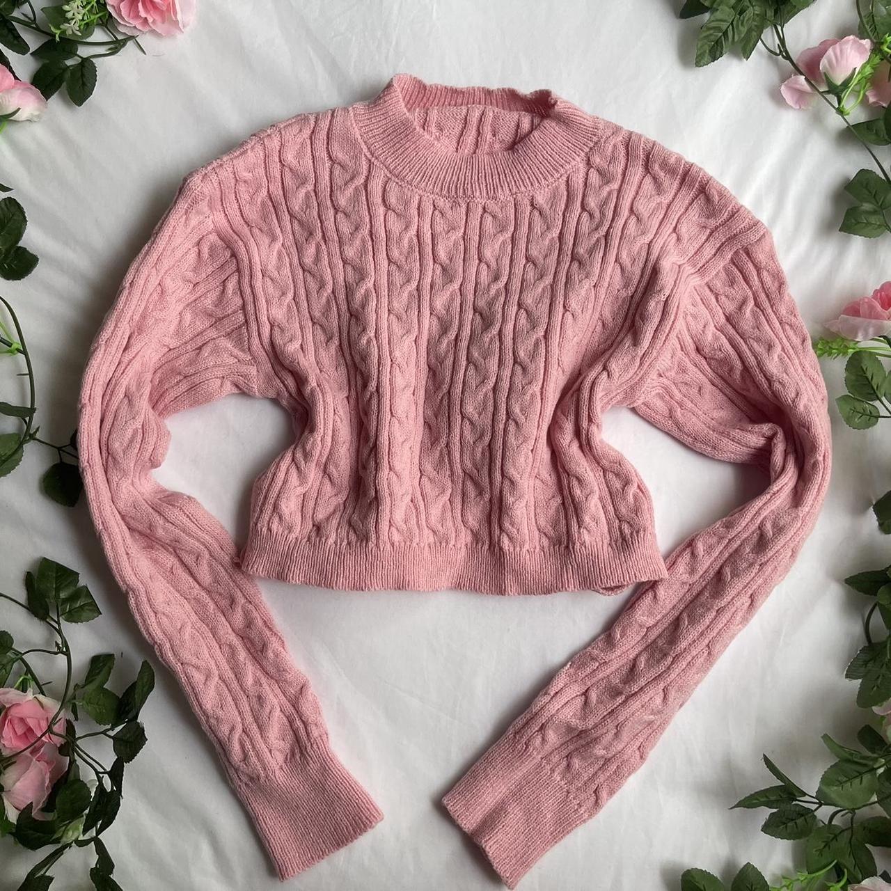 baby pink cable knit tie back sweater top... - Depop
