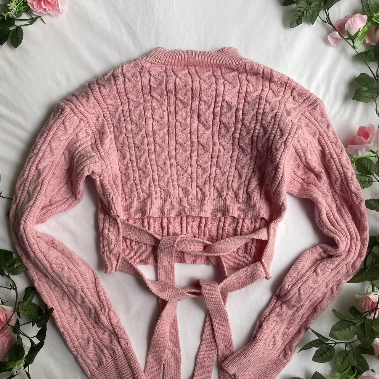 baby pink cable knit tie back sweater top... Depop