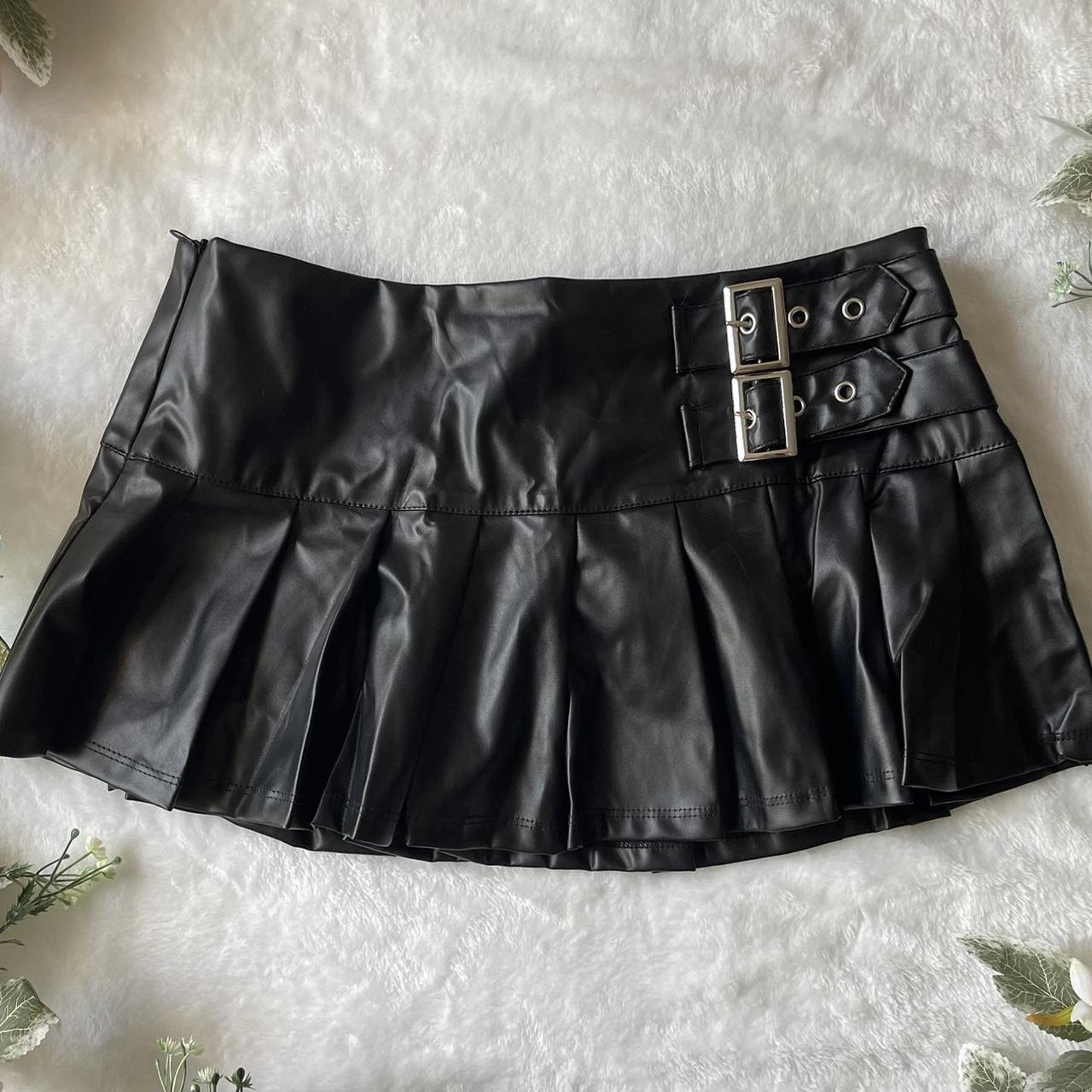 y2k grunge low rise black faux leather buckle... - Depop