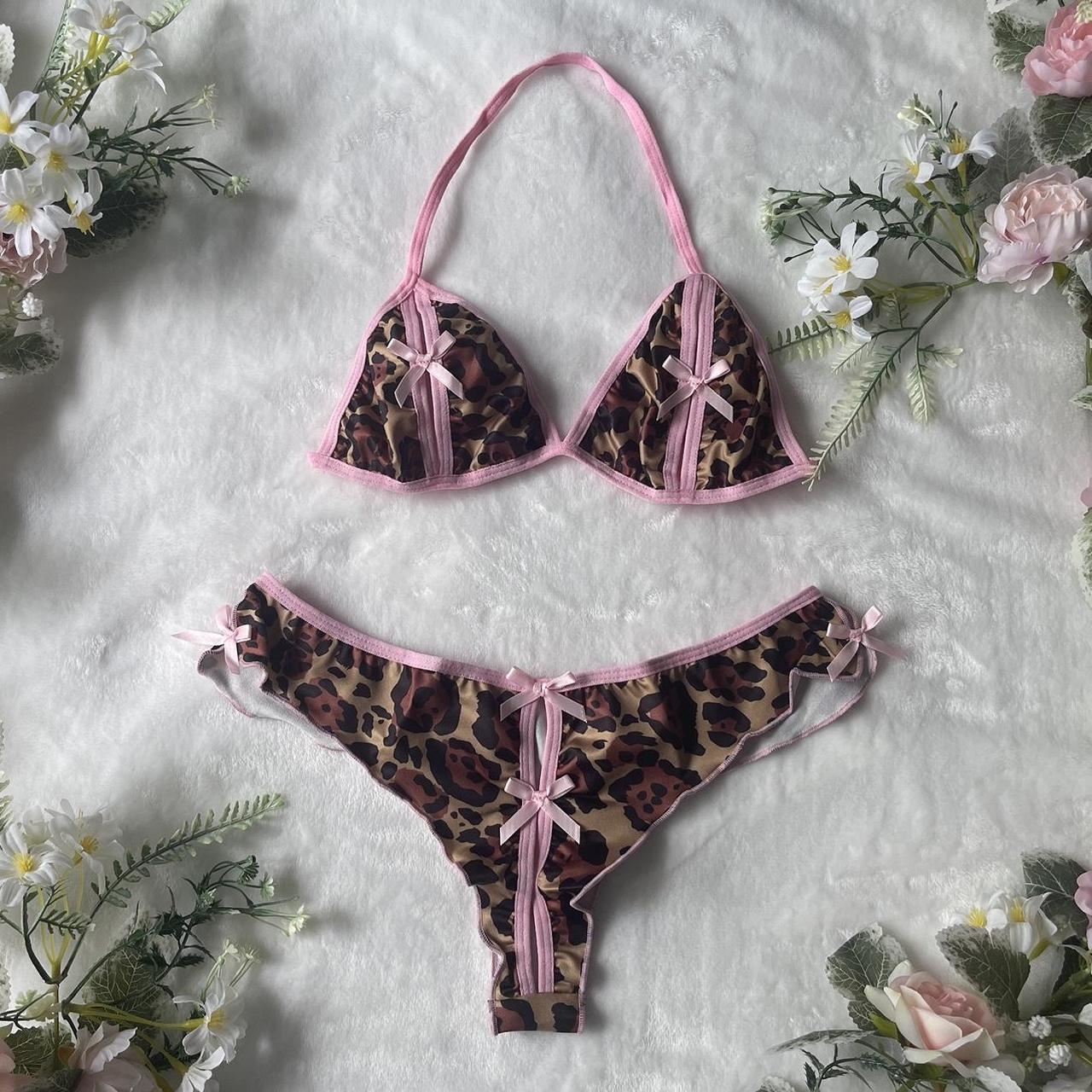 brown leopard & baby pink bow lingerie set... - Depop