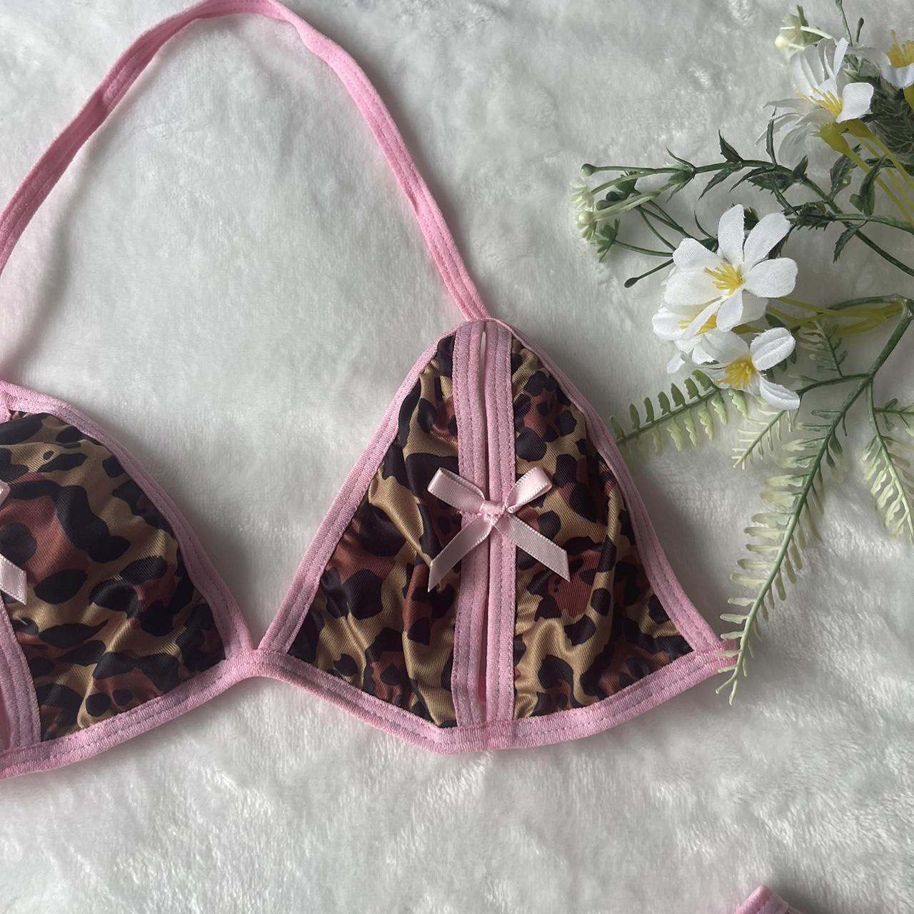 brown leopard & baby pink bow lingerie set... - Depop