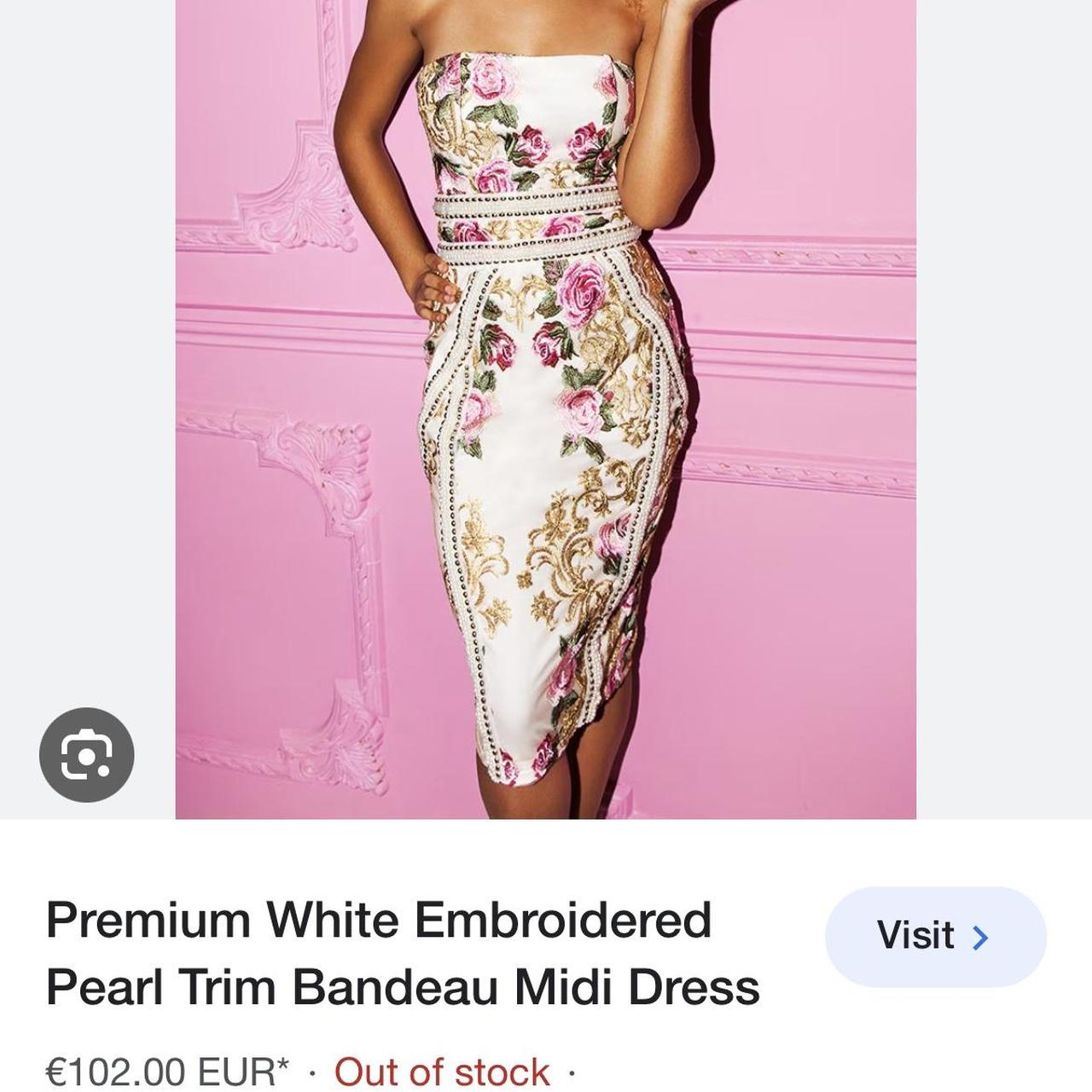 Premium white embroidered pearl clearance trim bandeau midi dress