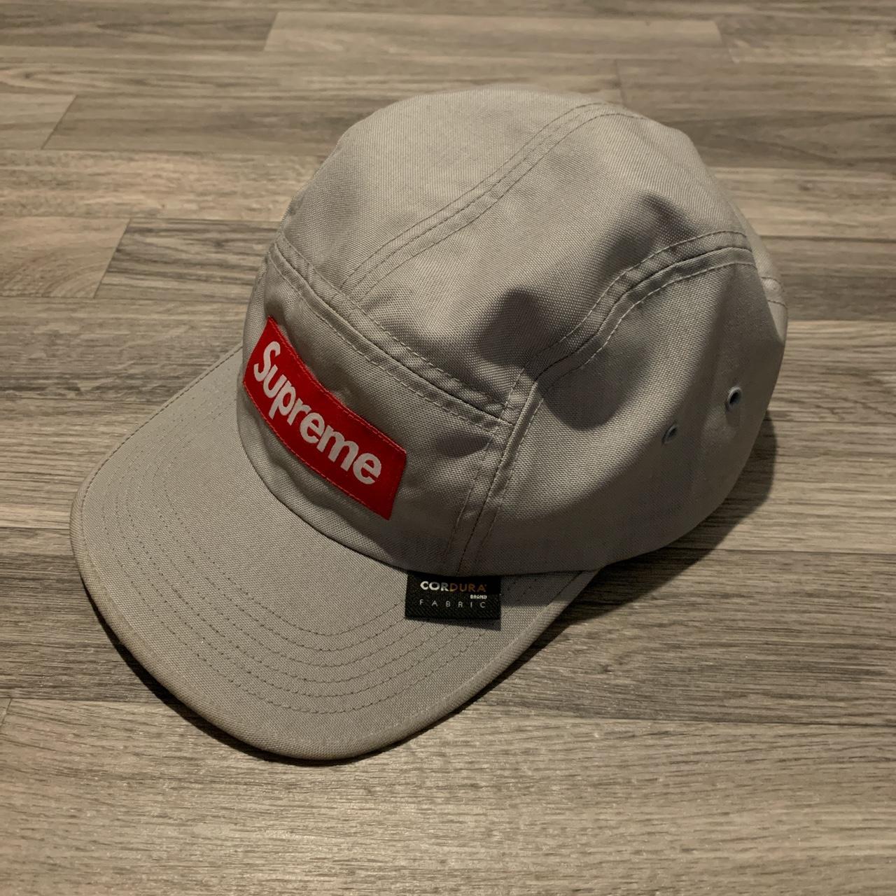 Supreme Frayed Logos Red Denim Camp Cap Hat Red - Depop