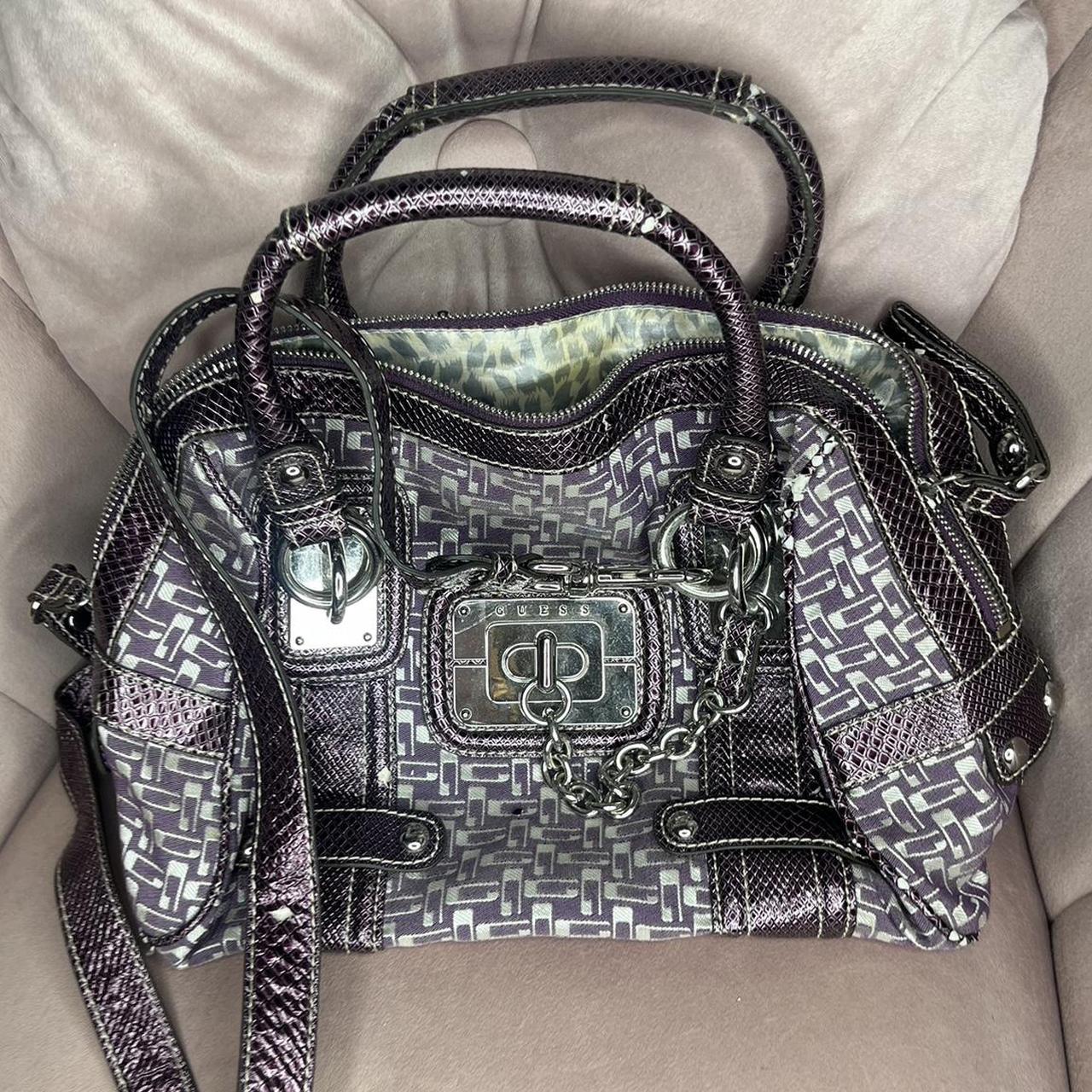 Vintage large GUESS bag purple and white with silver... - Depop