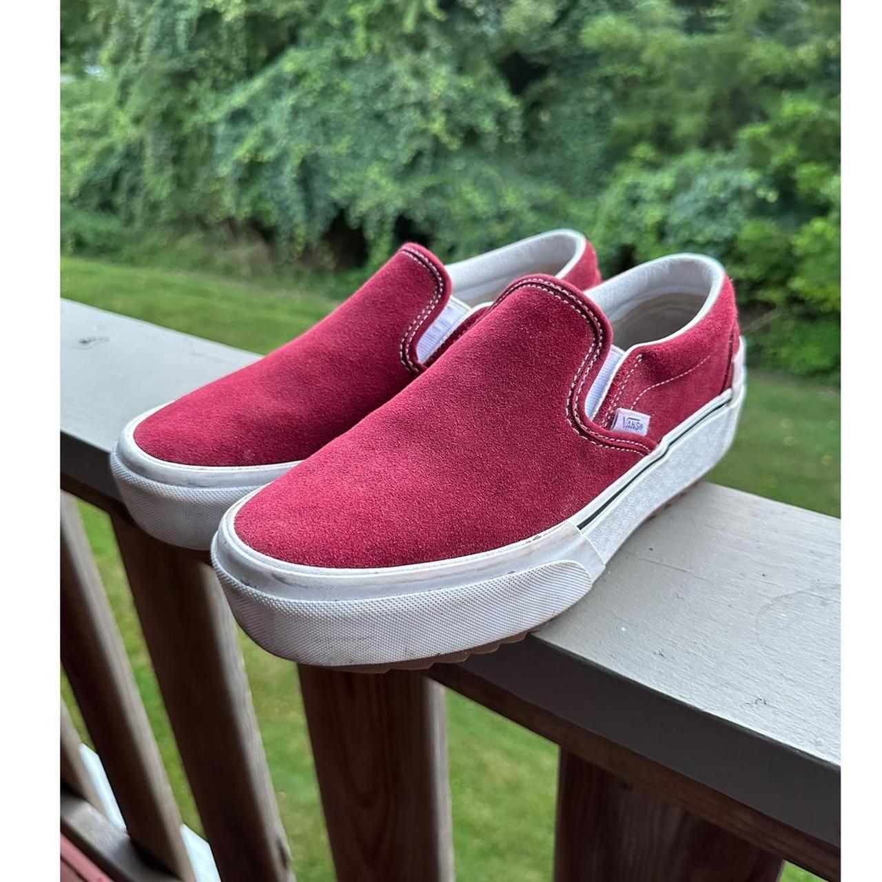 Vans burgundy platform suede slip ons only worn a. Depop