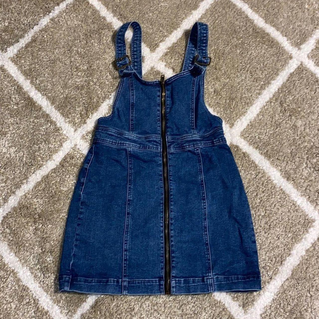 Zip Front Denim Pinafore Dress Blue