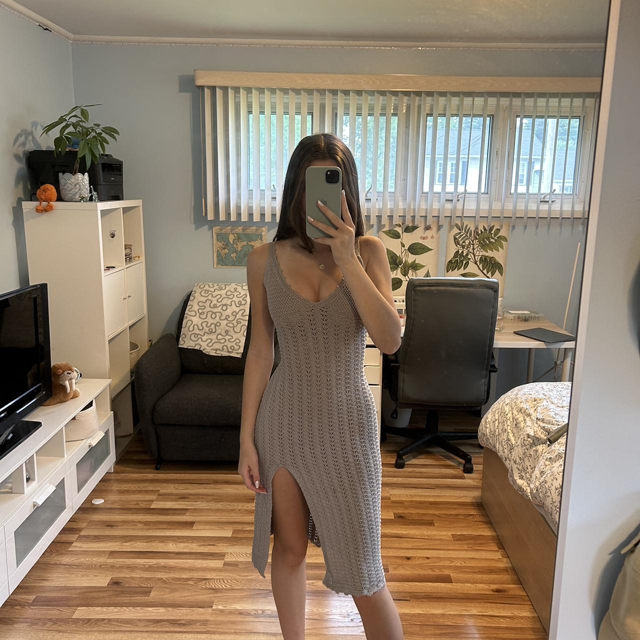 aritzia crochet mid length dress grey/lavender in... Depop