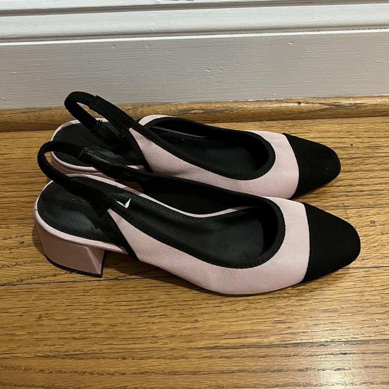 Baby pink and black closed toe heels with... Depop
