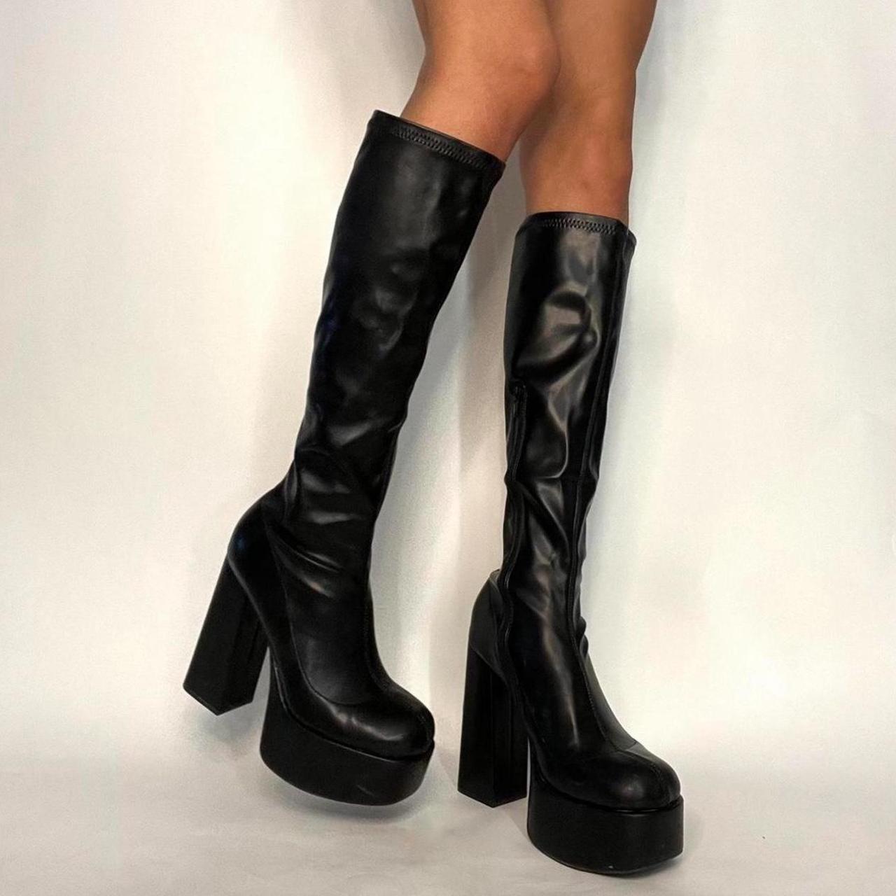 Black platform knee high pleather boots bratz doll. Depop