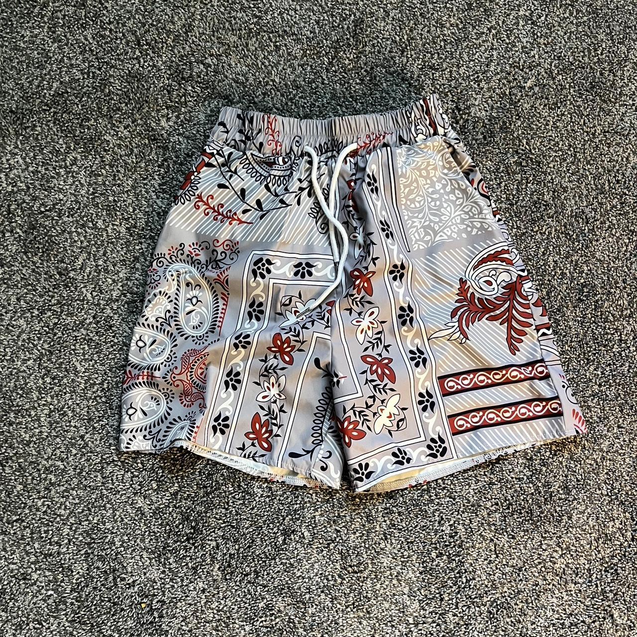 Red and Grey Bandanna Shorts Depop