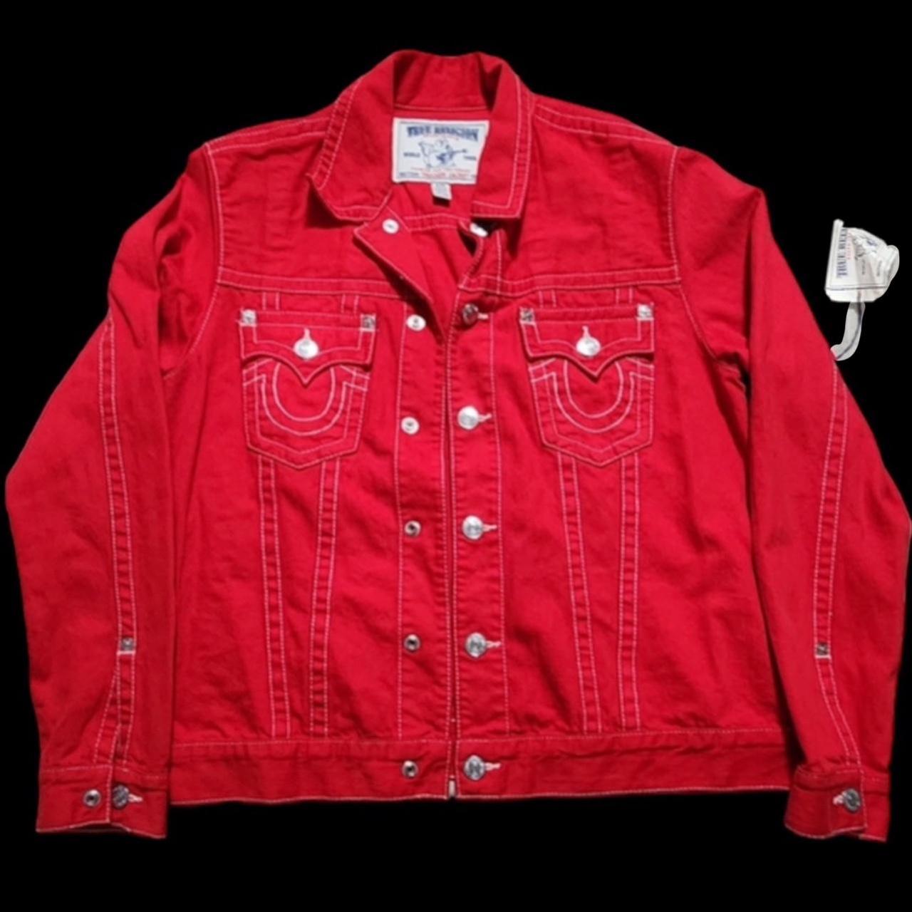 CRAZY RARE TRUE RELIGION RED TRUCKER JACKET SEEN ON... - Depop