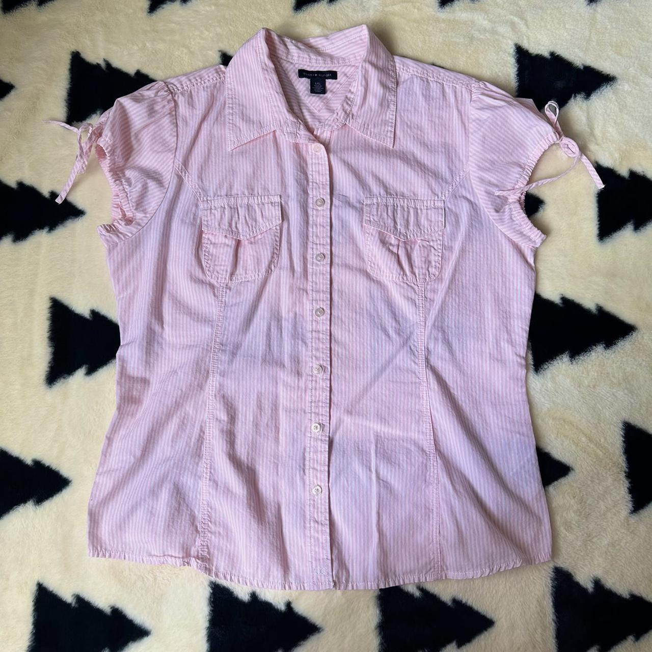 Tommy Hilfiger Puff Sleeve Blouse -Pink and white... - Depop