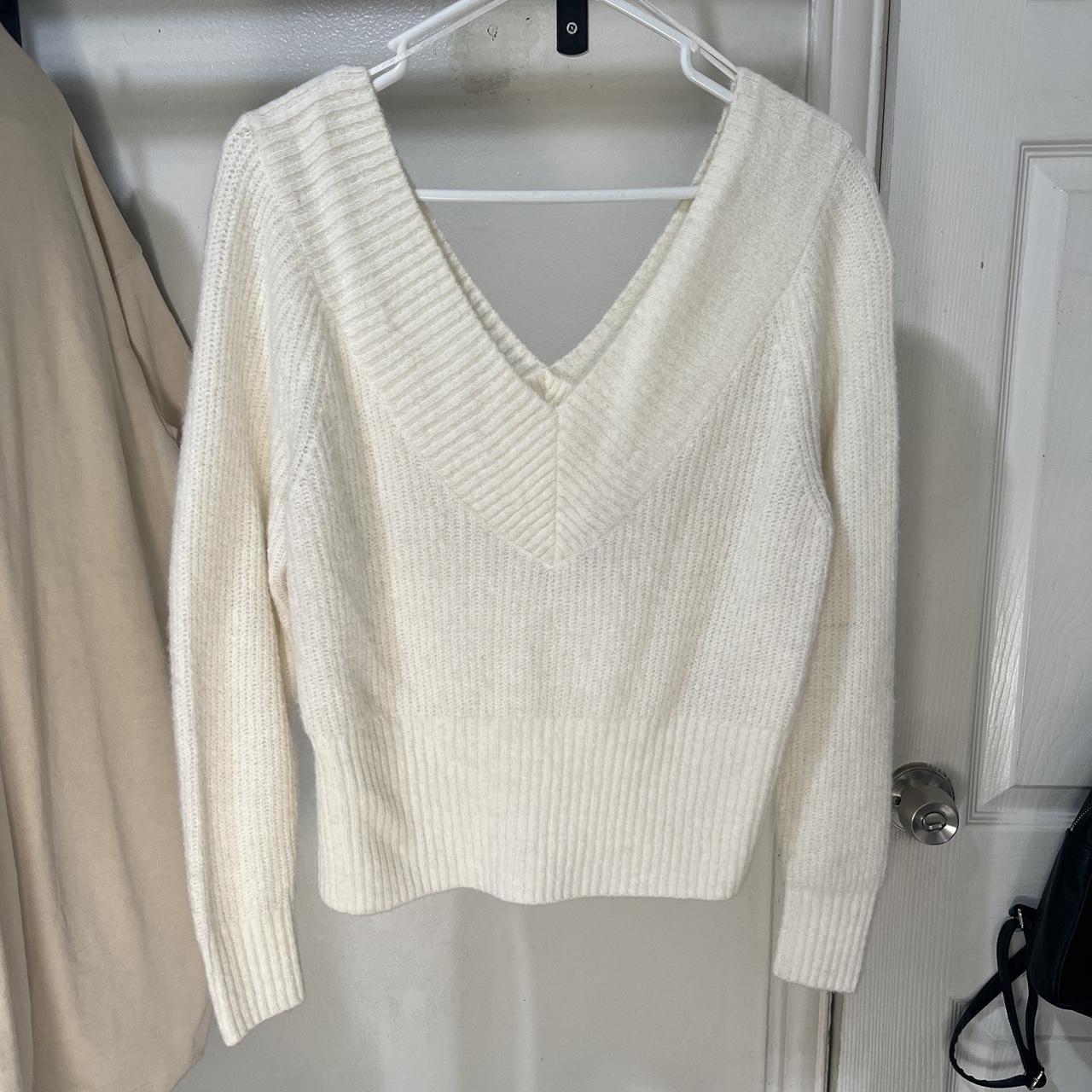 White V-neck sweater -Size large deep V neck... - Depop