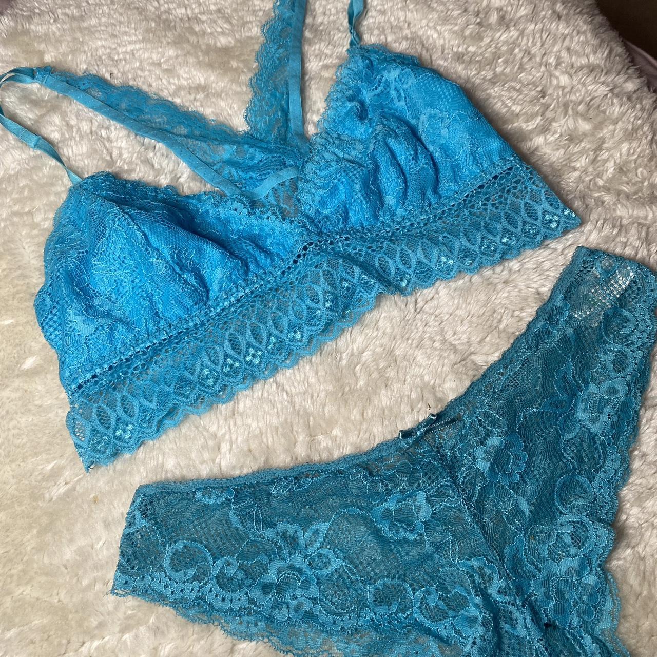 •Bright blue lace underwear set •Would fit a size... - Depop