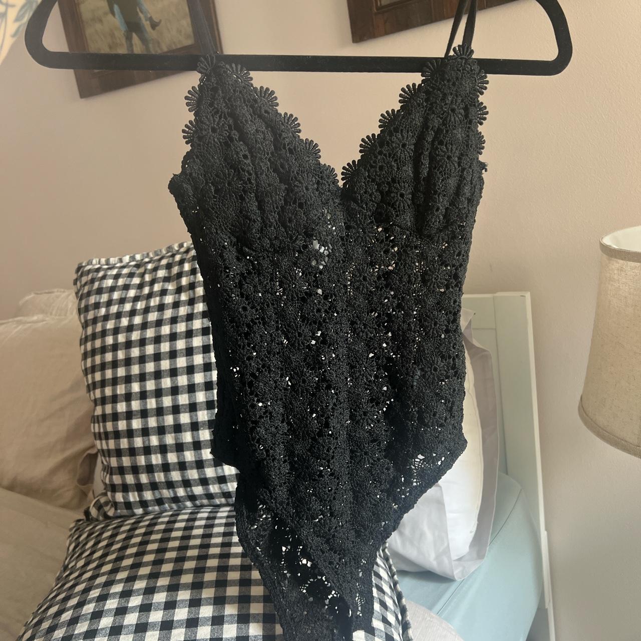 Colsie black velvet ribbed bodysuit with lace trim - Depop
