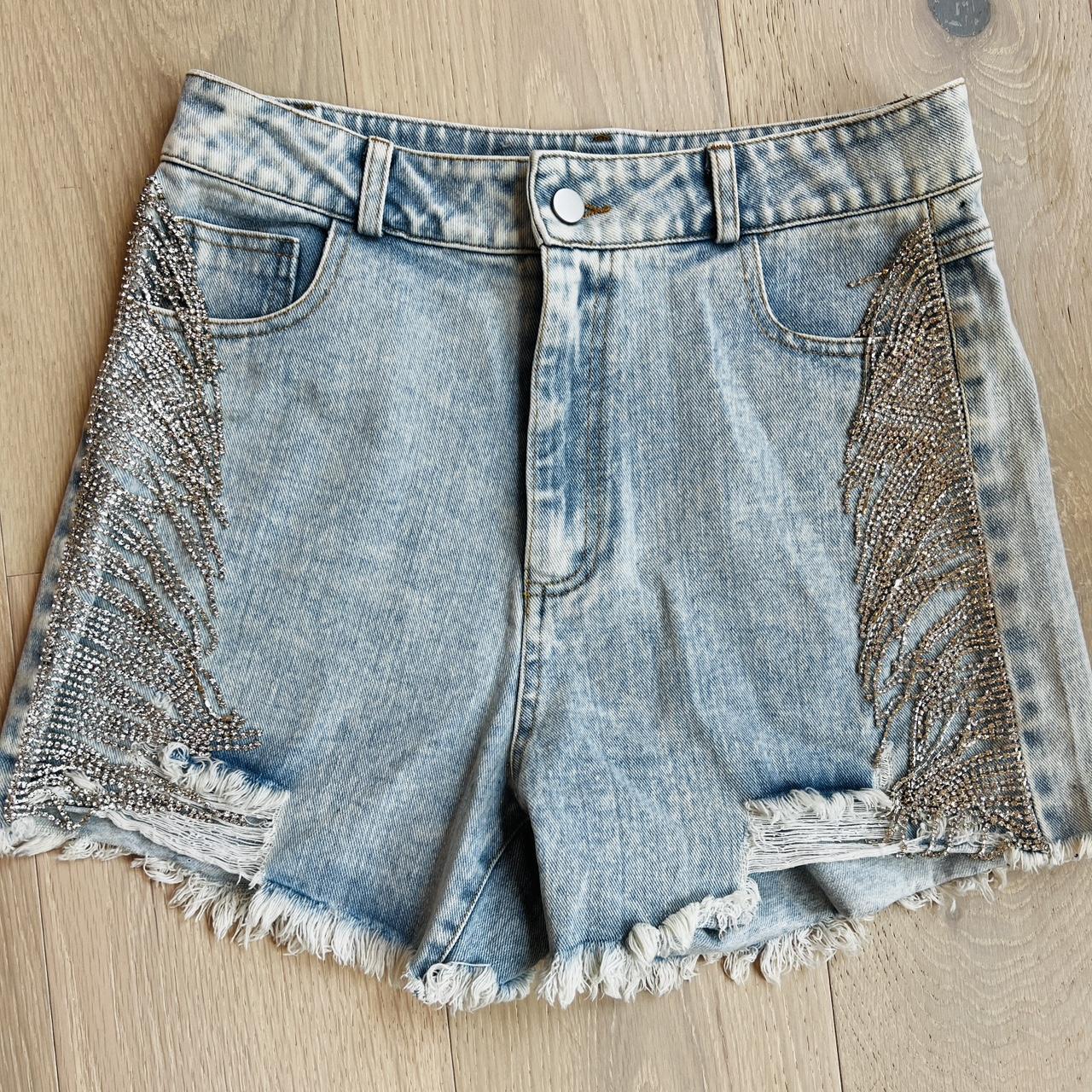 Boutique blue Jean Short with Rhinestone Fringe. Depop