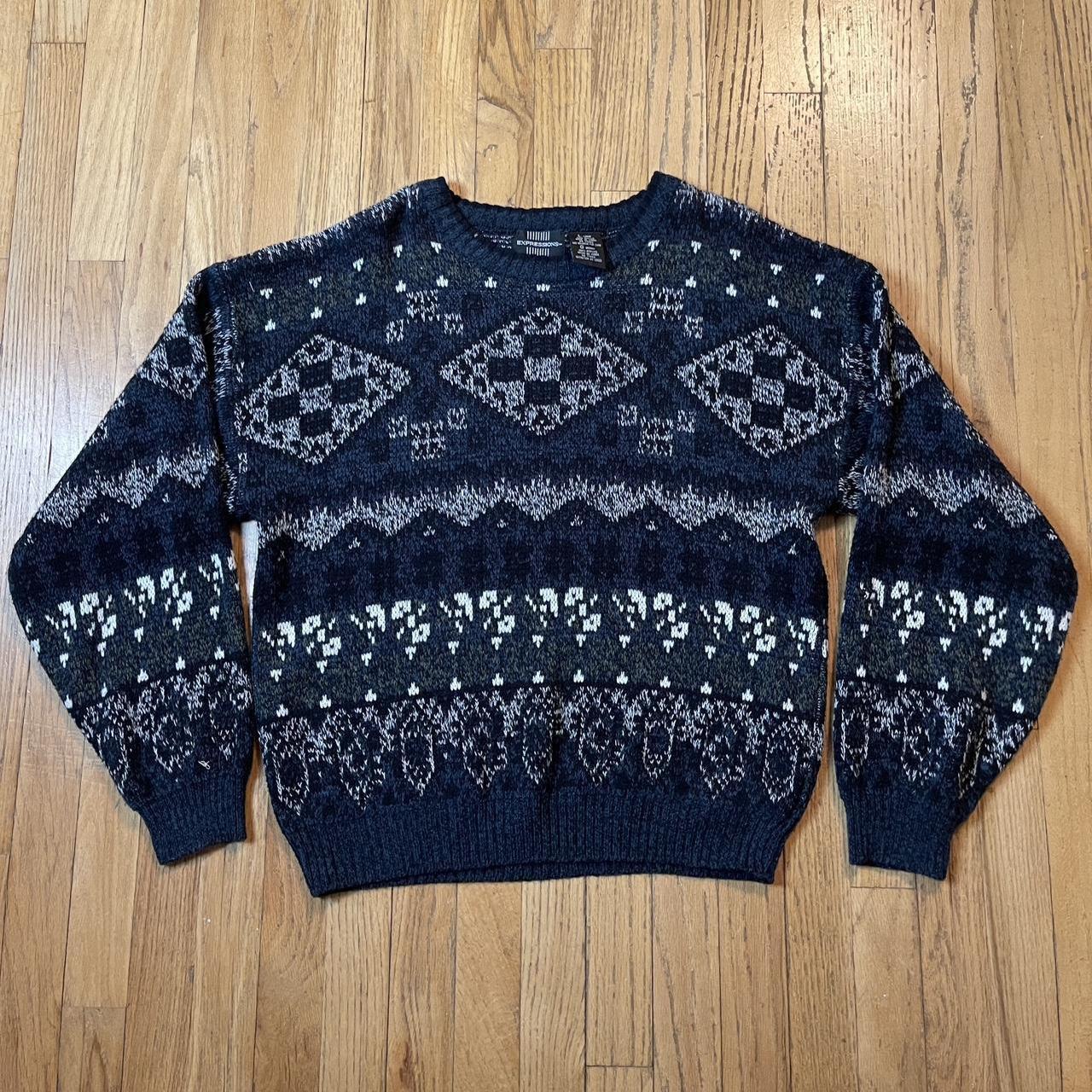 Vintage 90’s Expressions Blue Geometric Sweater... - Depop