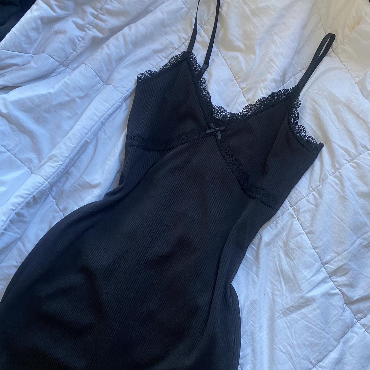 H&M Black Lace Bow Ribbed Bodycon Dress🖤🎀 stretchy... - Depop