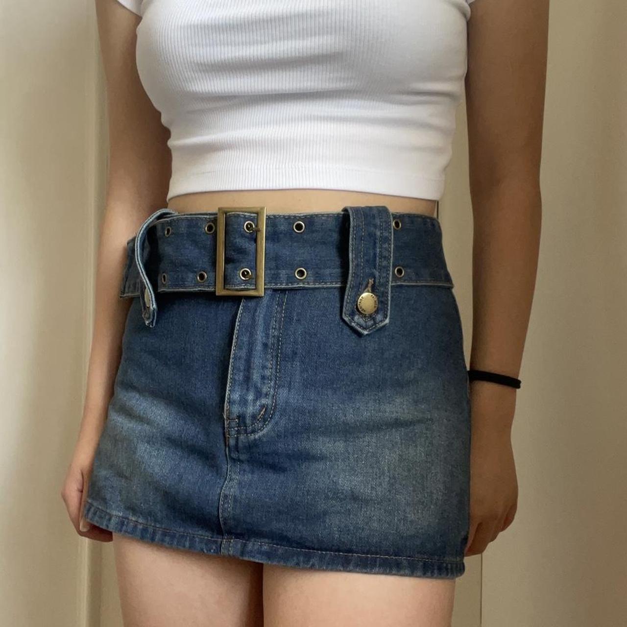 vintage belted denim micro mini cargo skirt y2k -... - Depop