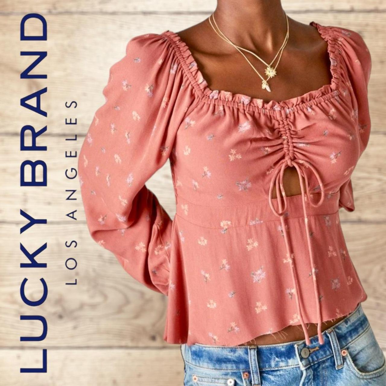 Lucky Brand womens Puff Sleeve Ruched Square Neck Top Blouse
