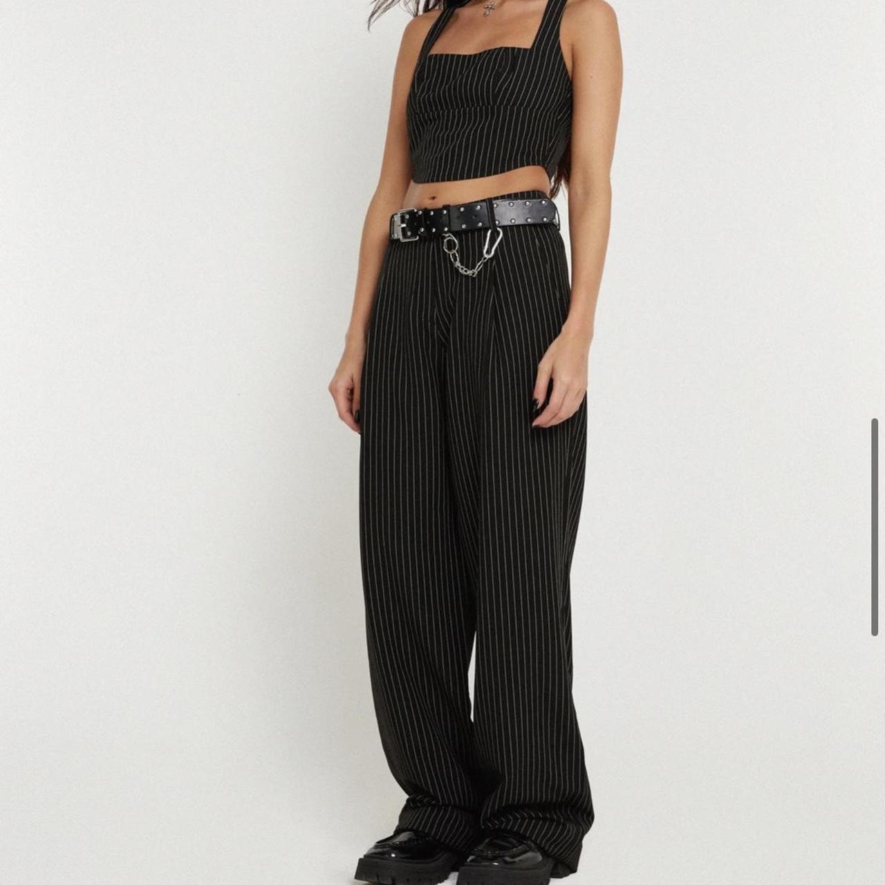 Saskira Wide Leg Trouser in Pinstripe Black