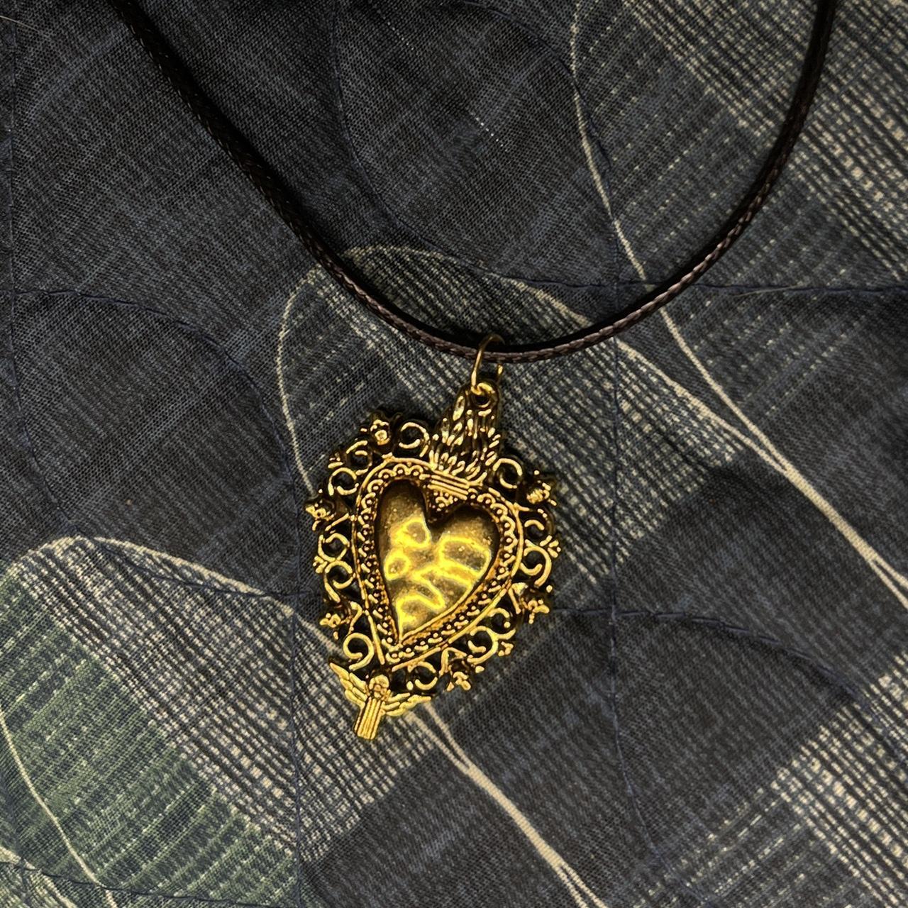 beautiful gold sacred heart leather necklace with... - Depop
