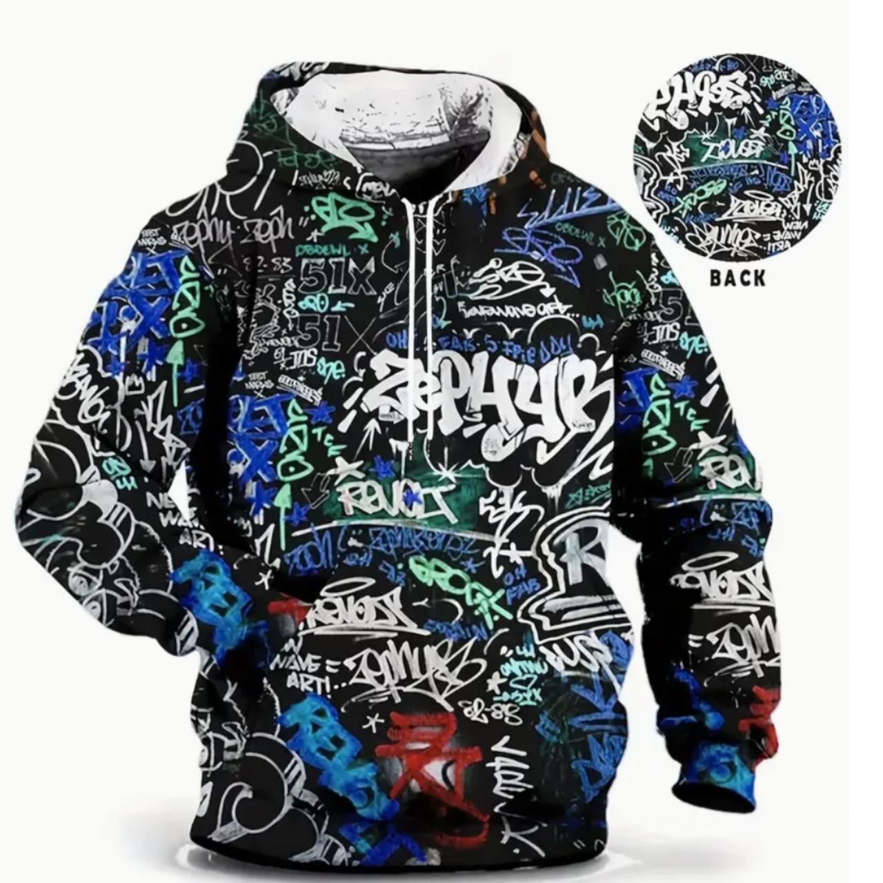 graphic designed hoodie with graffiti writing all over - Depop