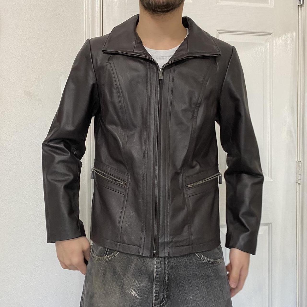 vintage brown leather jacket, 90s fit large length:... - Depop