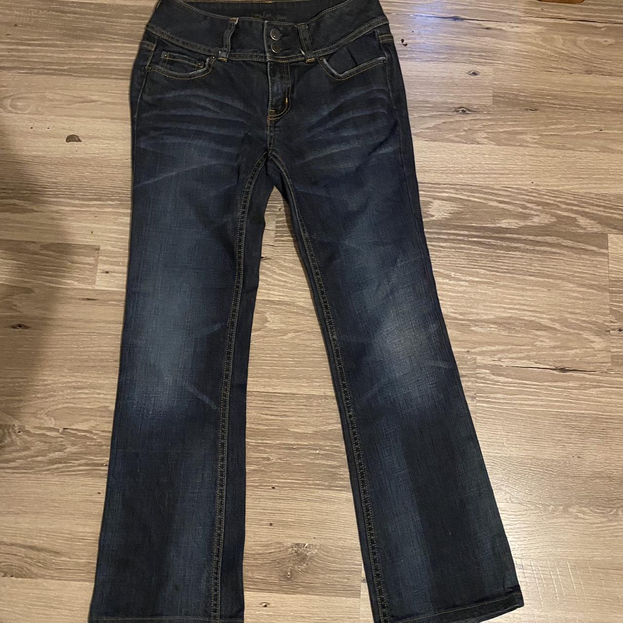 Petite dark wash low rise double button London jean... - Depop