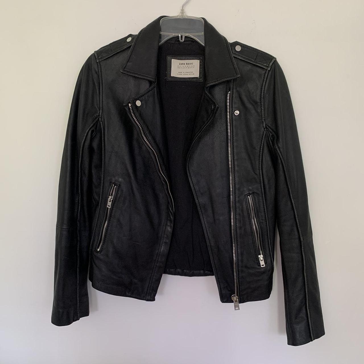 ZARA black leather moto biker jacket Real leather... - Depop