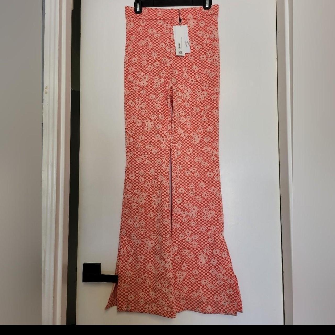 NEW ZARA Orange Daisy Print Flare Bottom Pants Size S Boho Hippie