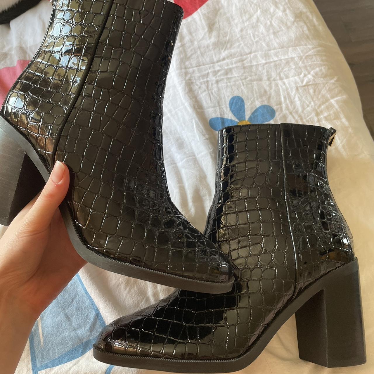 Black croc patent boots heeled Zip on back never. Depop