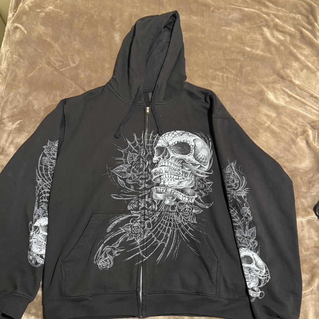 Affliction like skull hoodie size large and has a... - Depop